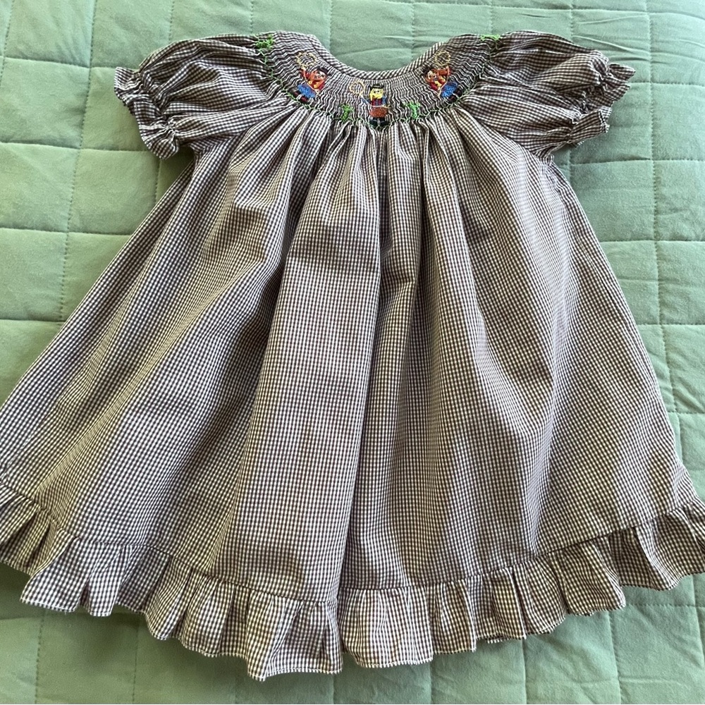 Silly Goose Smocked Cowgirls Brown White Gingham Plaid Dress Size 12 Months - Picture 5 of 16